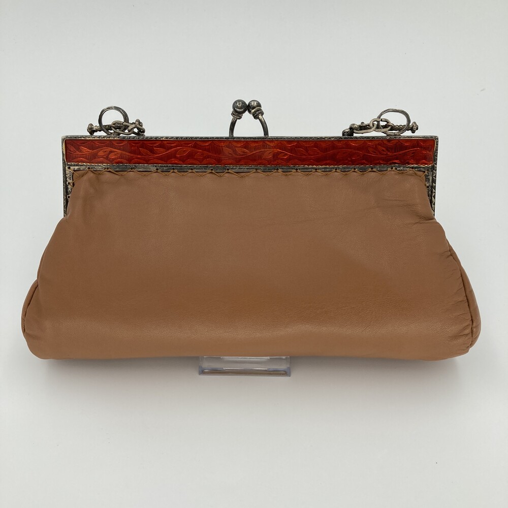 Aimee Capobianco Vintage Tan Leather Frame Clutch Bag Gingham Lining